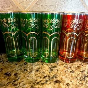 Five red and green cocktail glasses.  6 x 2.5